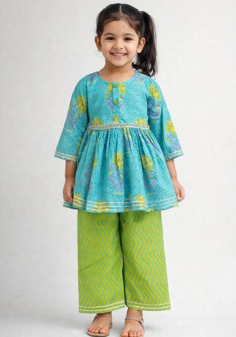 Turquoise Printed Cotton Co-Ord Set For Girls