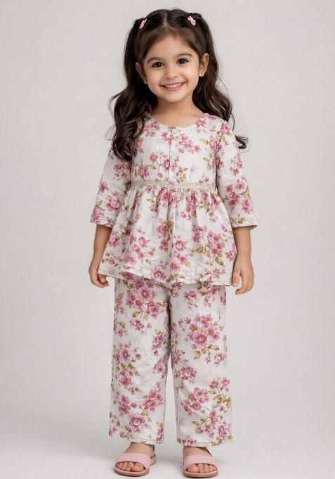 White Printed Cotton Co-Ord Set For Girls