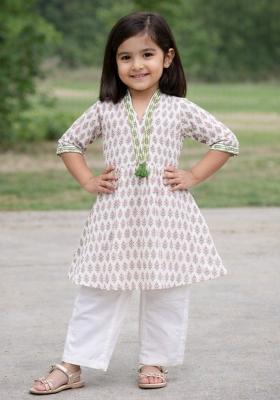 Off White Lace Work Cambric Kurti Set Set For Girls