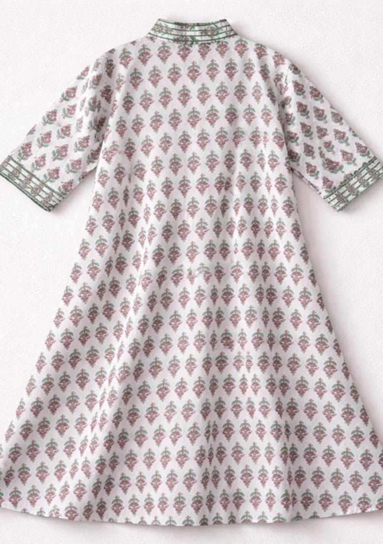 Off White Lace Work Cambric Kurti Set Set For Girls - Indya