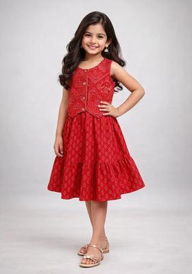 Red Printed Cambric Ethnic Dress For Girls