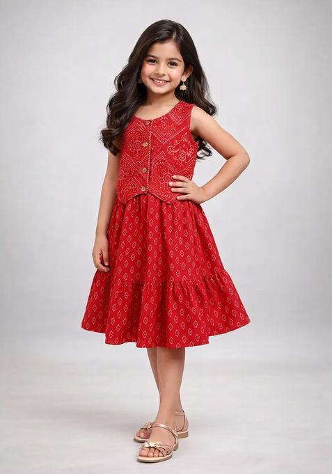 Red Printed Cambric Ethnic Dress For Girls