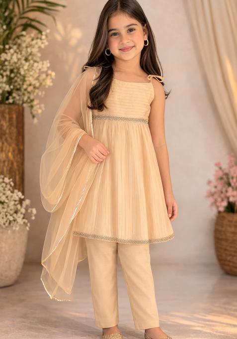 Beige Lace Work Polyester Kurti Set For Girls For Girls