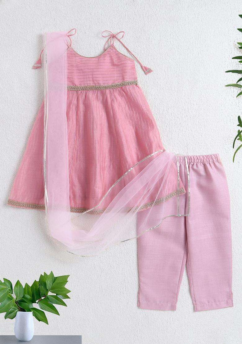 Pink Lace Work Polyester Kurti Set For Girls For Girls - Indya