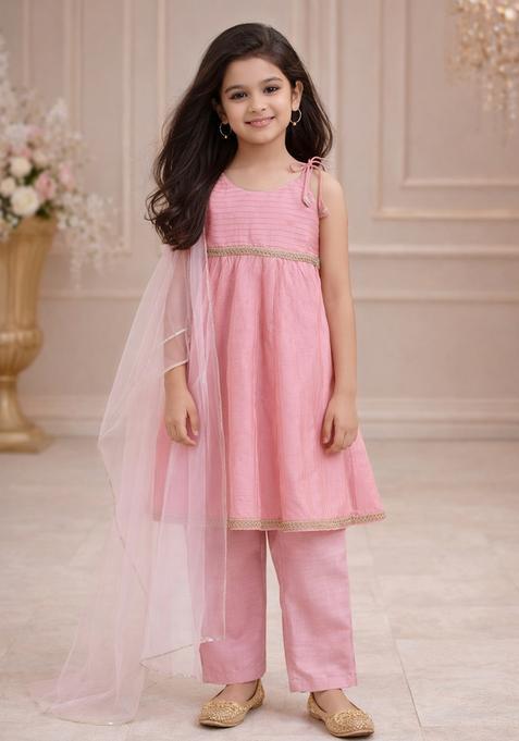 Pink Lace Work Polyester Kurti Set For Girls For Girls
