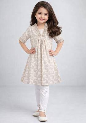 Off White Lace Work Cambric Kurti Set For Girls For Girls