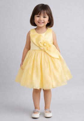 Yellow Applique Print Polyester Party Wear For Girls