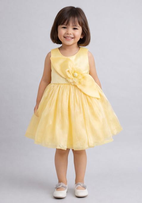 Yellow Applique Print Polyester Party Wear For Girls — view on Indya