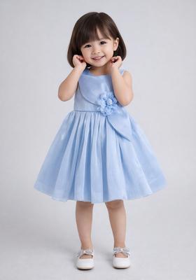 Blue Applique Print Polyester Party Wear For Girls