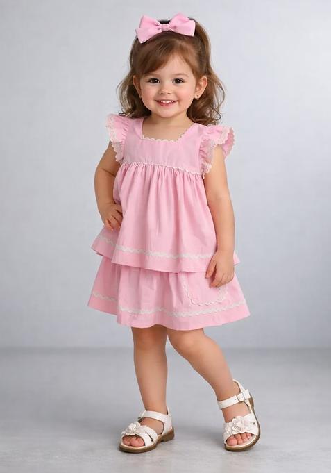 Pink Lace Work Poplin Top And Skirt Set For Girls