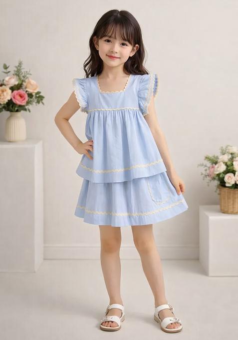 Blue Lace Work Poplin Top And Skirt Set For Girls