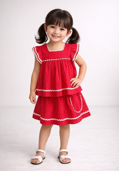 Fuchsia Lace Work Poplin Top And Skirt Set For Girls