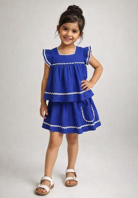 Royal Blue Lace Work Poplin Top And Skirt Set For Girls