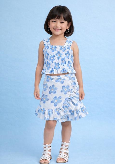 Blue Woven Design Cotton Top And Skirt Set For Girls