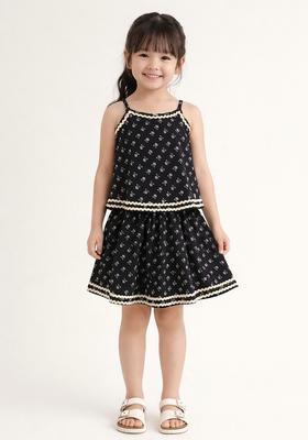 Black Lace Work Cotton Top And Skirt Set For Girls