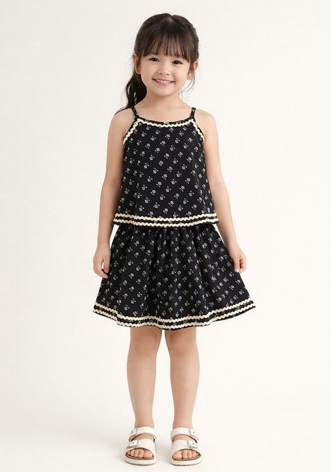 Black Lace Work Cotton Top And Skirt Set For Girls