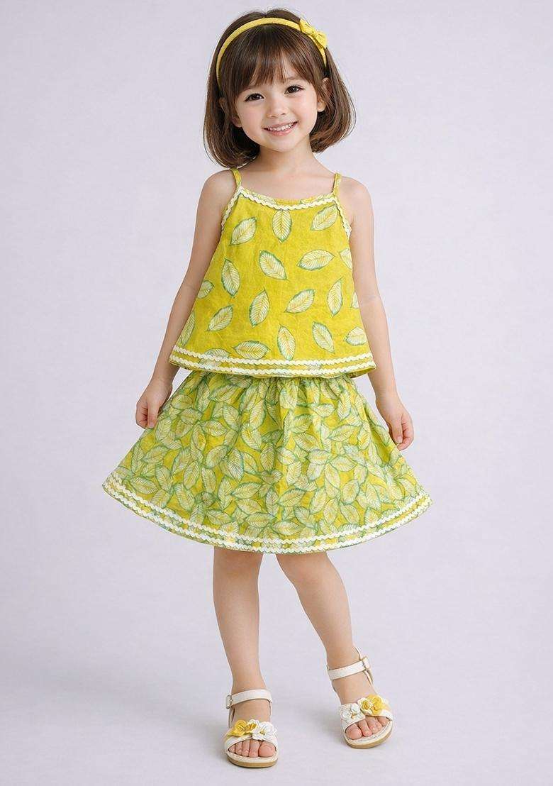Green Lace Work Cotton Top And Skirt Set For Girls - Indya