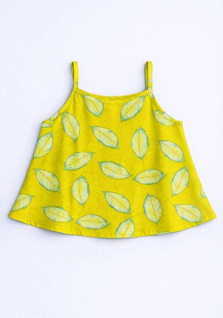 Green Lace Work Cotton Top And Skirt Set For Girls - Indya