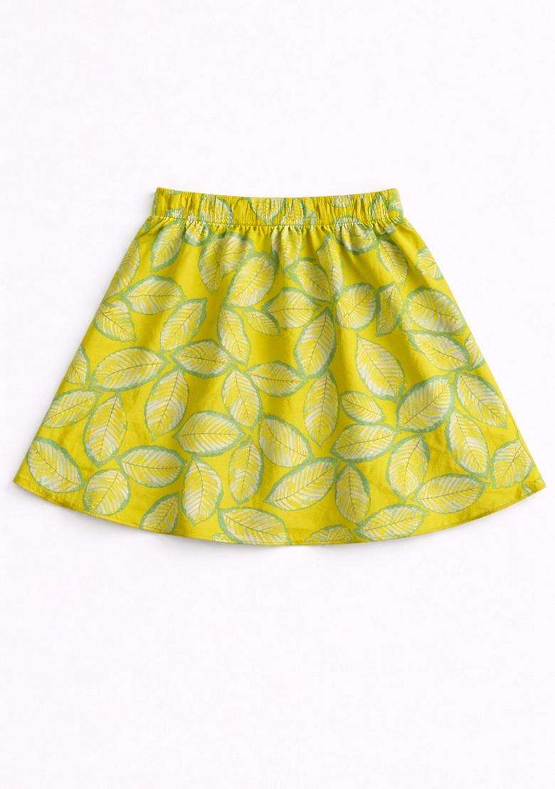 Green Lace Work Cotton Top And Skirt Set For Girls - Indya