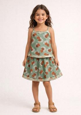 Olive Green Lace Work Cotton Top And Skirt Set For Girls