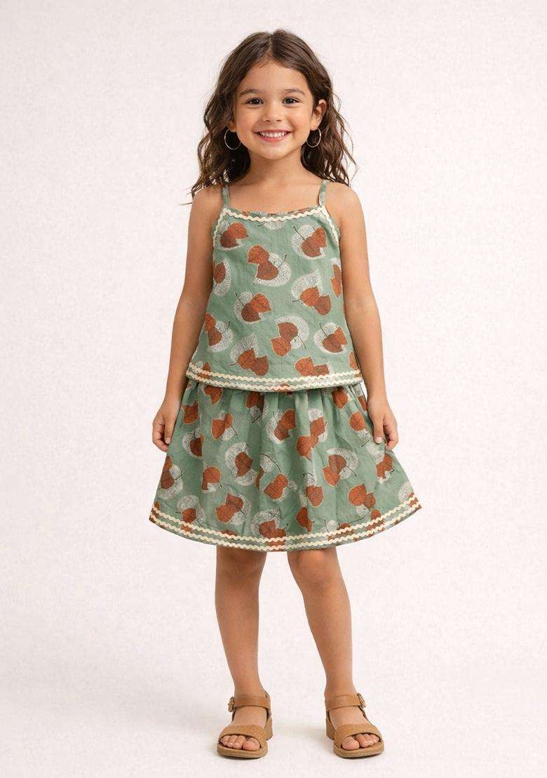 Olive Green Lace Work Cotton Top And Skirt Set For Girls - Indya
