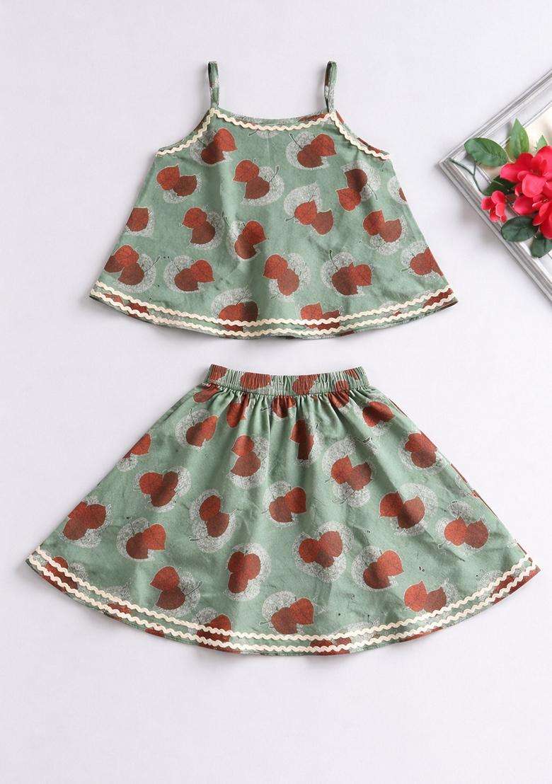 Olive Green Lace Work Cotton Top And Skirt Set For Girls - Indya