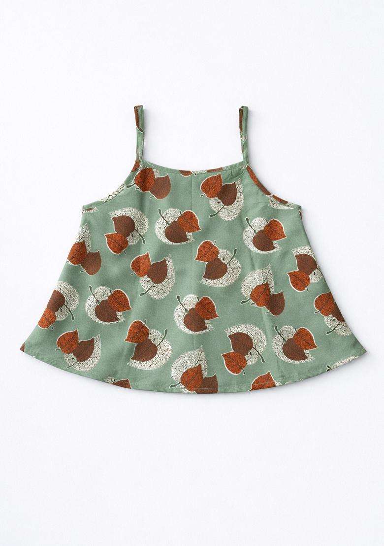 Olive Green Lace Work Cotton Top And Skirt Set For Girls - Indya
