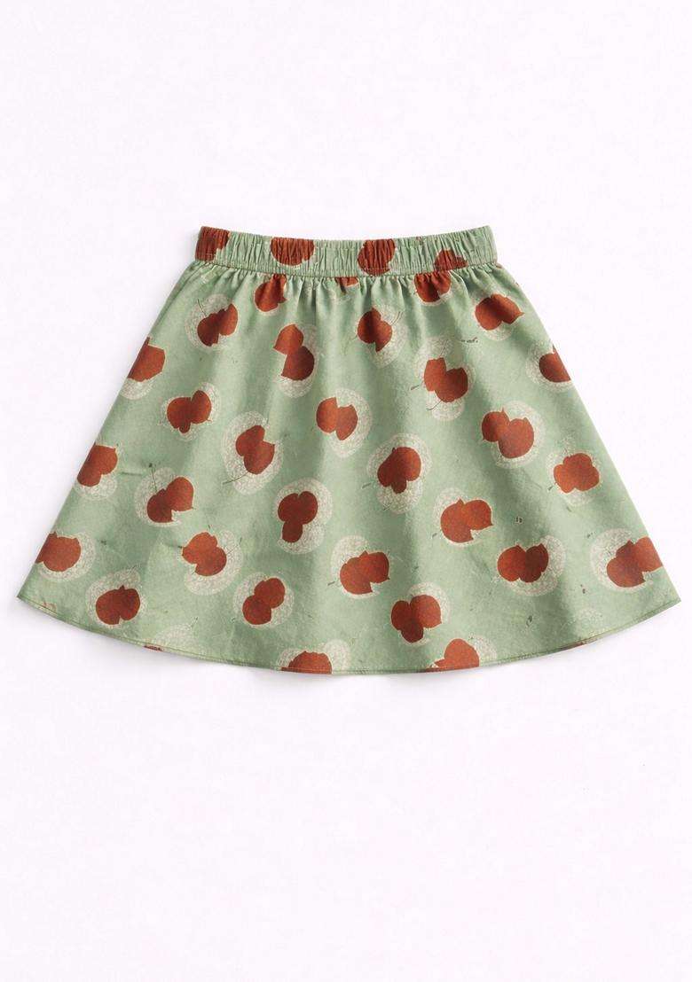 Olive Green Lace Work Cotton Top And Skirt Set For Girls - Indya