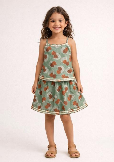 Olive Green Lace Work Cotton Top And Skirt Set For Girls