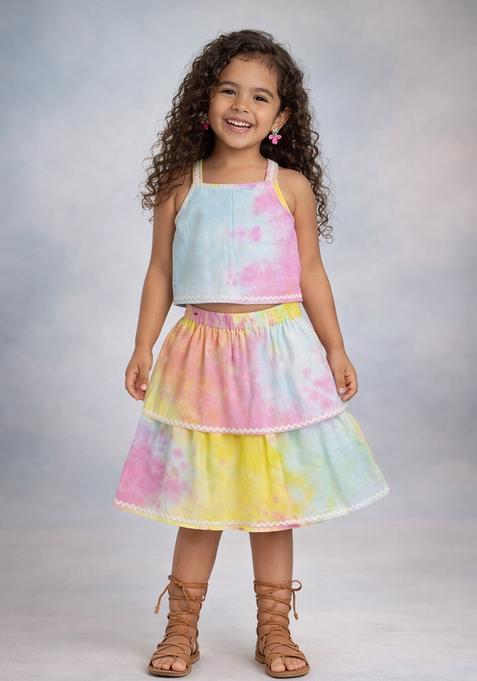 Multicolor Lace Work Rayon Top And Skirt Set For Girls