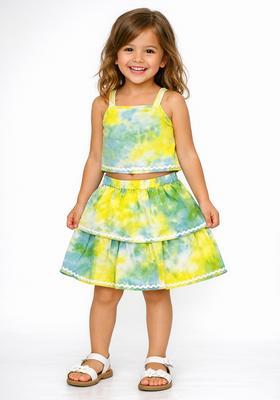 Yellow Lace Work Rayon Top And Skirt Set For Girls