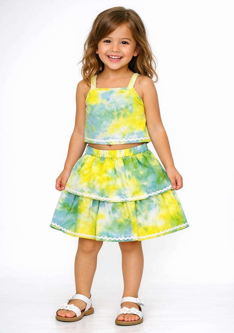 Yellow Lace Work Rayon Top And Skirt Set For Girls - Indya