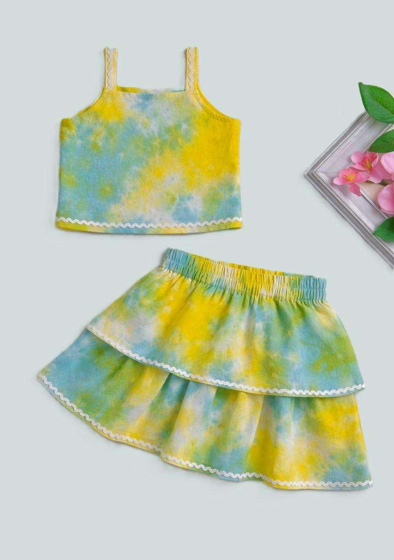 Yellow Lace Work Rayon Top And Skirt Set For Girls - Indya
