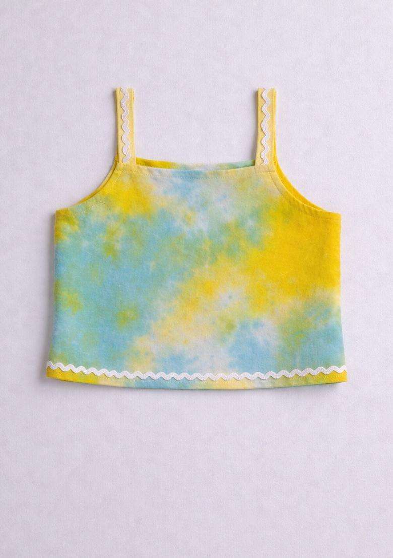 Yellow Lace Work Rayon Top And Skirt Set For Girls - Indya