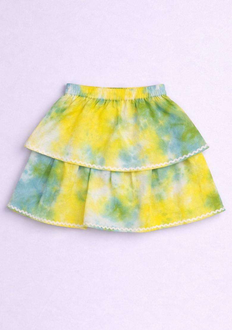 Yellow Lace Work Rayon Top And Skirt Set For Girls - Indya