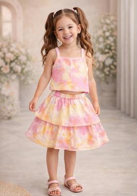 Pink Lace Work Rayon Top And Skirt Set For Girls