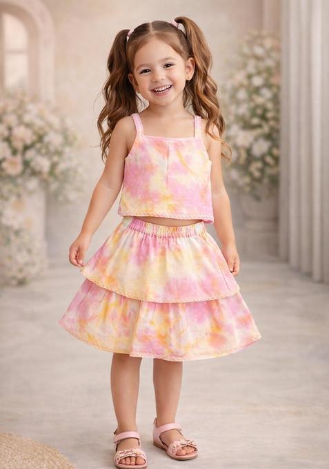 Pink Lace Work Rayon Top And Skirt Set For Girls