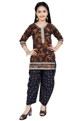 Blue Printed Rayon Kurta Set For Girls