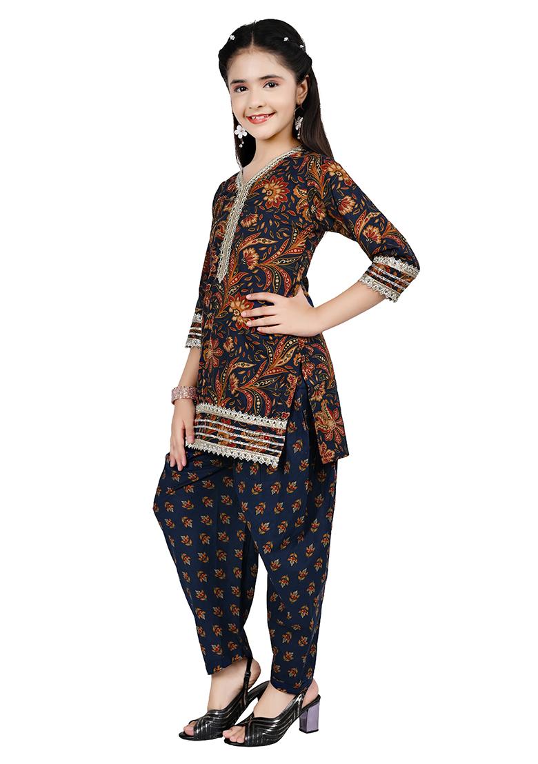 Blue Printed Rayon Kurta Set For Girls - Indya