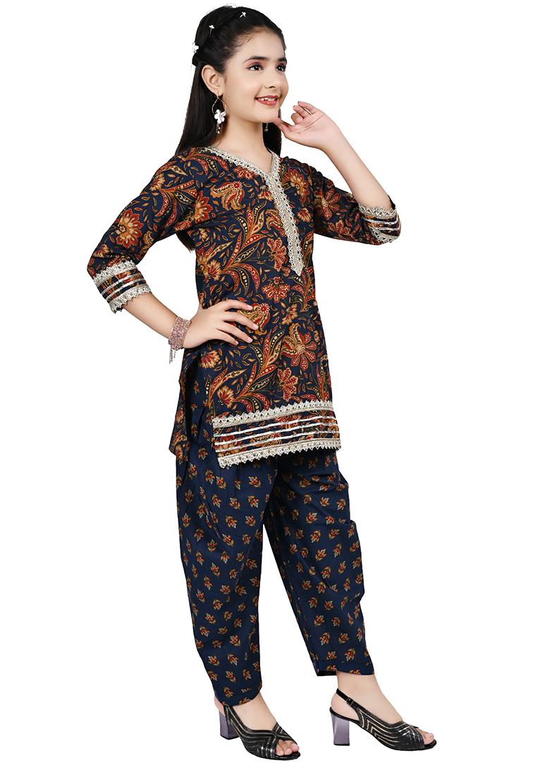 Blue Printed Rayon Kurta Set For Girls - Indya