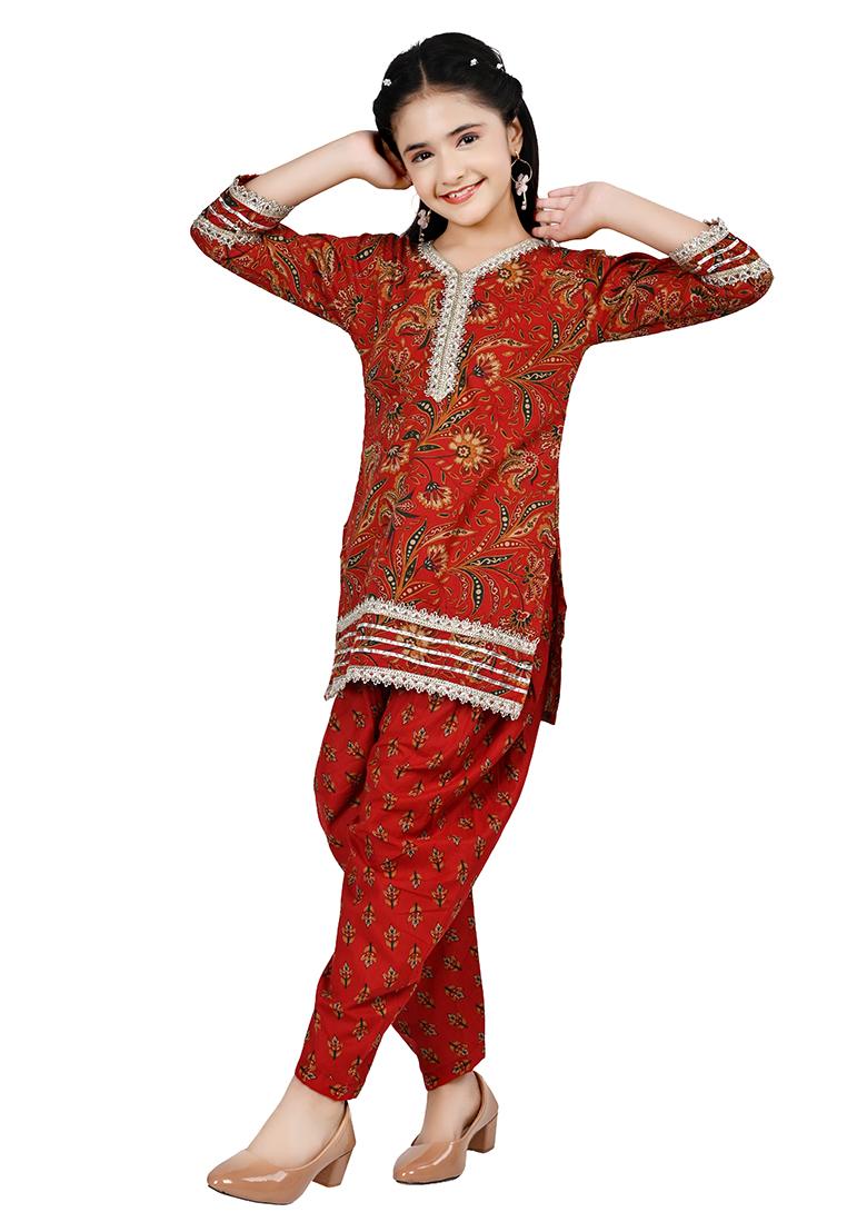 Red Printed Rayon Kurta Set For Girls - Indya