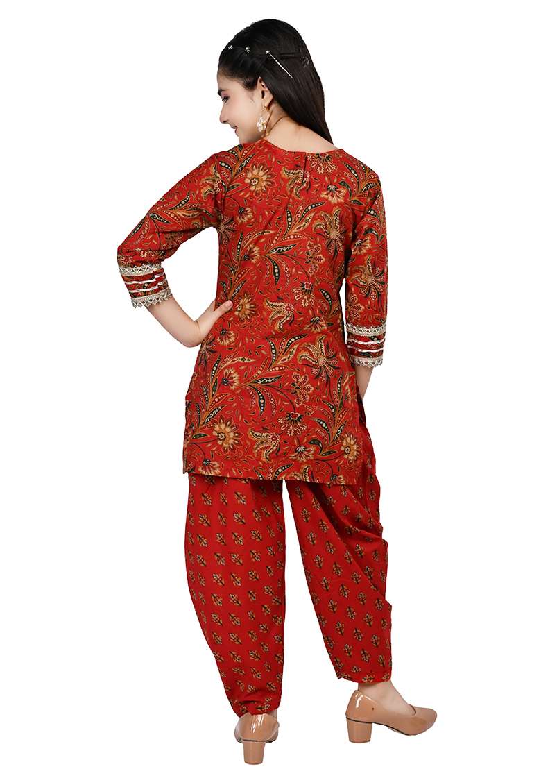 Red Printed Rayon Kurta Set For Girls - Indya