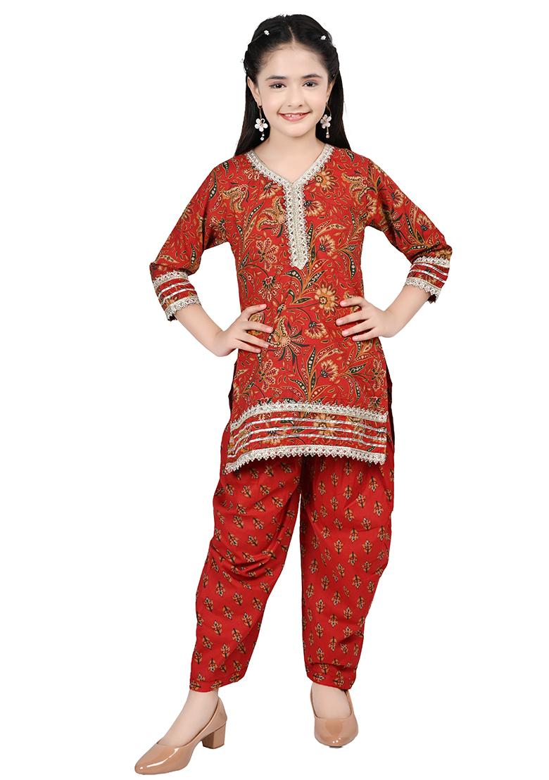 Red Printed Rayon Kurta Set For Girls - Indya