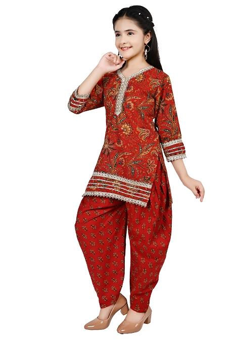 Red Printed Rayon Kurta Set For Girls