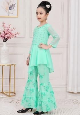 Green Solid Georgette Kurta Set For Girls