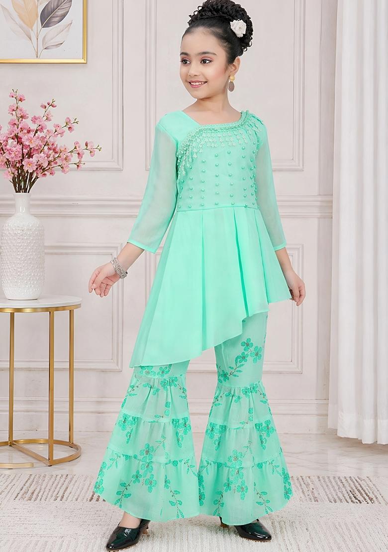 Green Solid Georgette Kurta Set For Girls - Indya