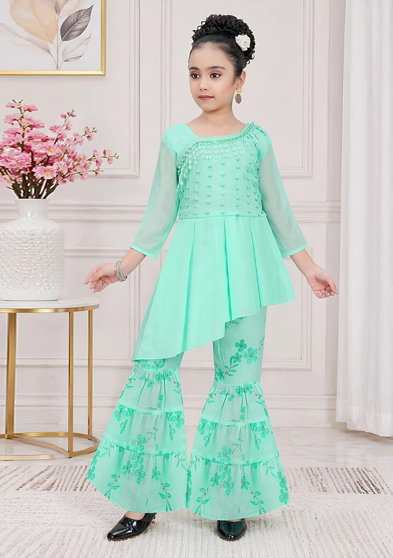 Green Solid Georgette Kurta Set For Girls - Indya