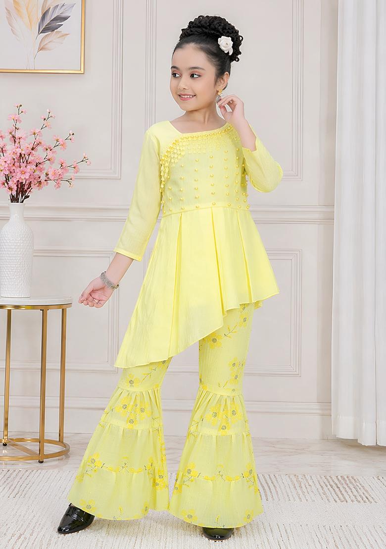 Yellow Solid Georgette Kurta Set For Girls - Indya