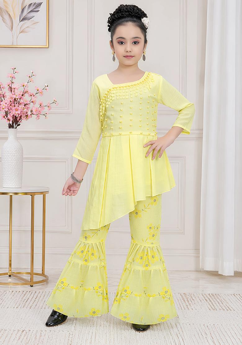 Yellow Solid Georgette Kurta Set For Girls - Indya