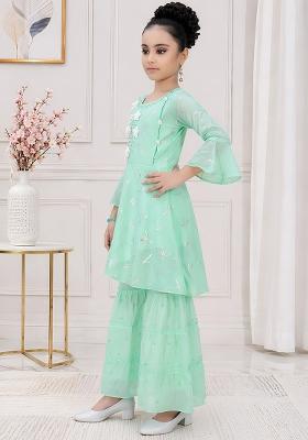 Green Printed Georgette Kurta Set For Girls